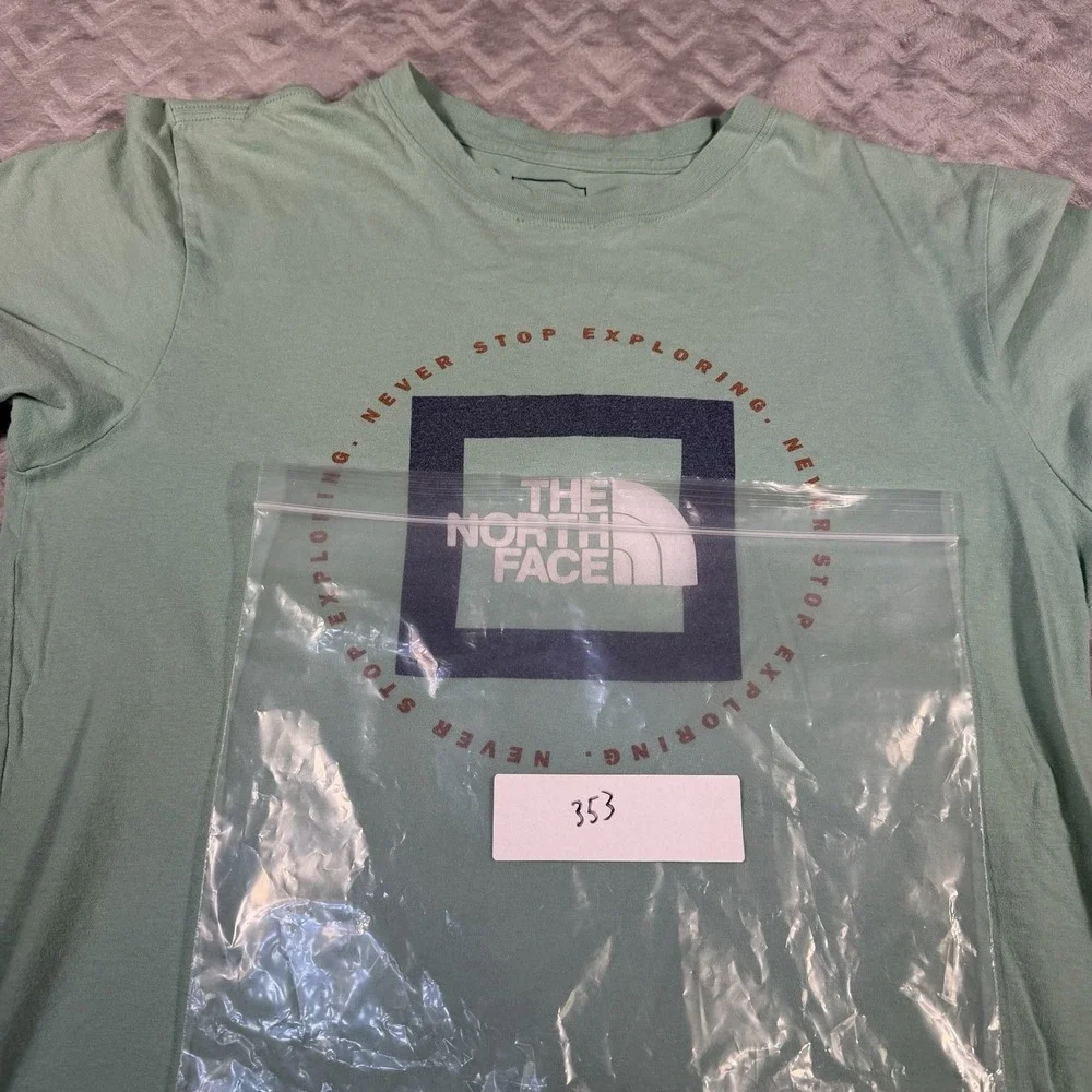 The North Face T Shirt Mens Small Logo Green Never Stop Exploring Tee ***READ